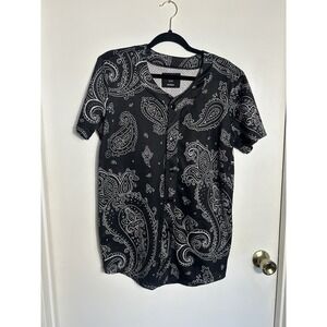 Rue21 Paisley Baseball Jersey Shirt Mens Medium Black White Mesh Button Down